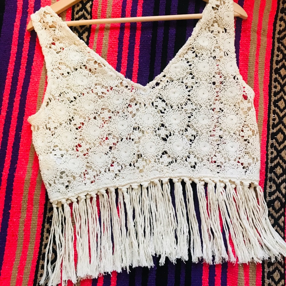 Zara Woven Crocheted Fringe Vest/Top Cream Size L - Picture 3 of 8